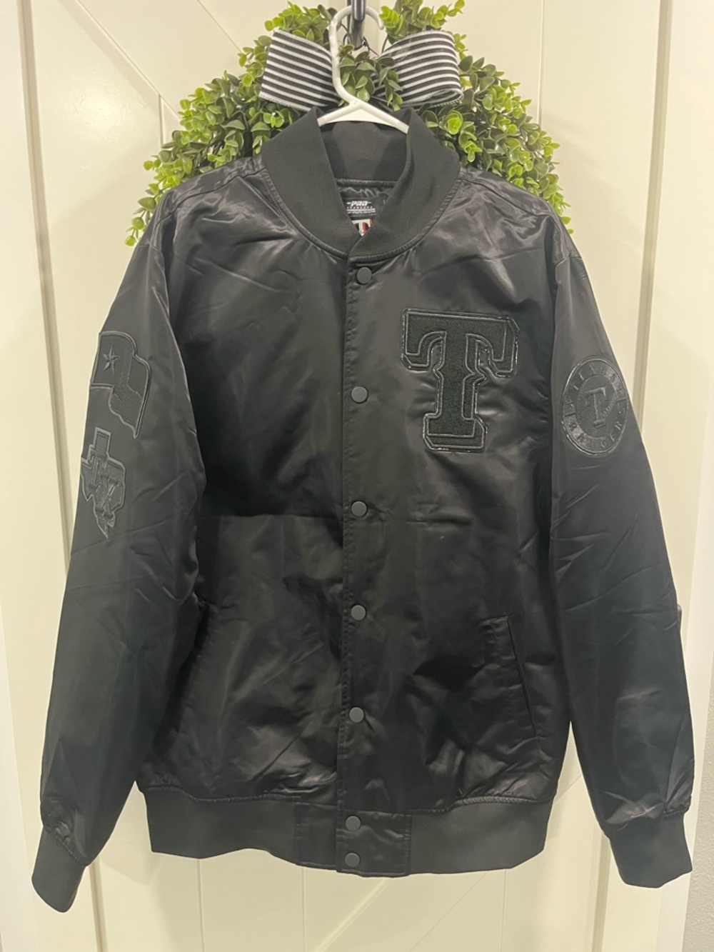 Rangers ProStandard Black Satin Bomber Jacket Embroidered Texas Rangers Patches